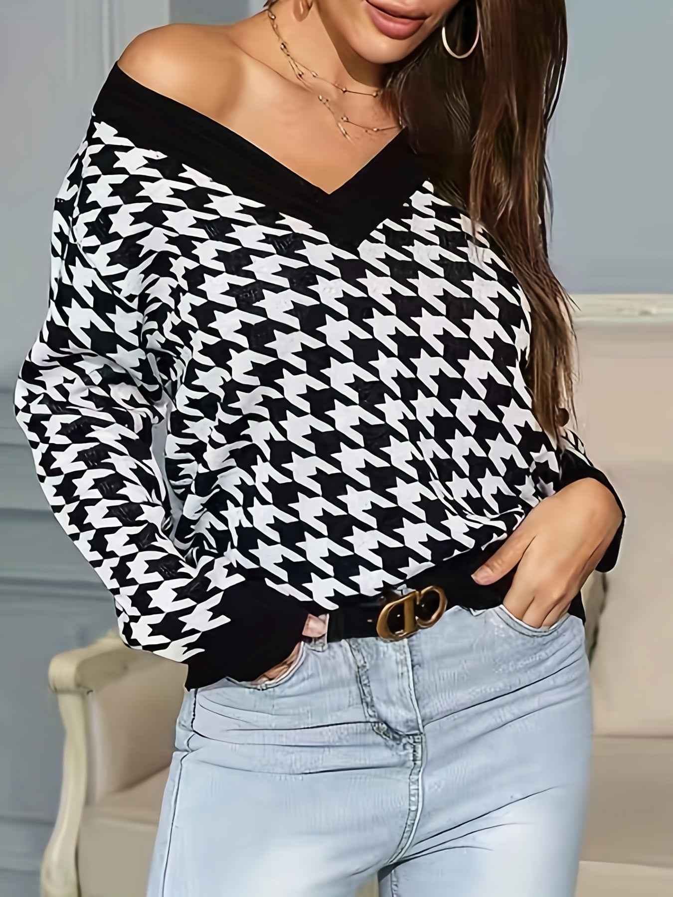  Casual Houndstooth Print V Neck Sweater