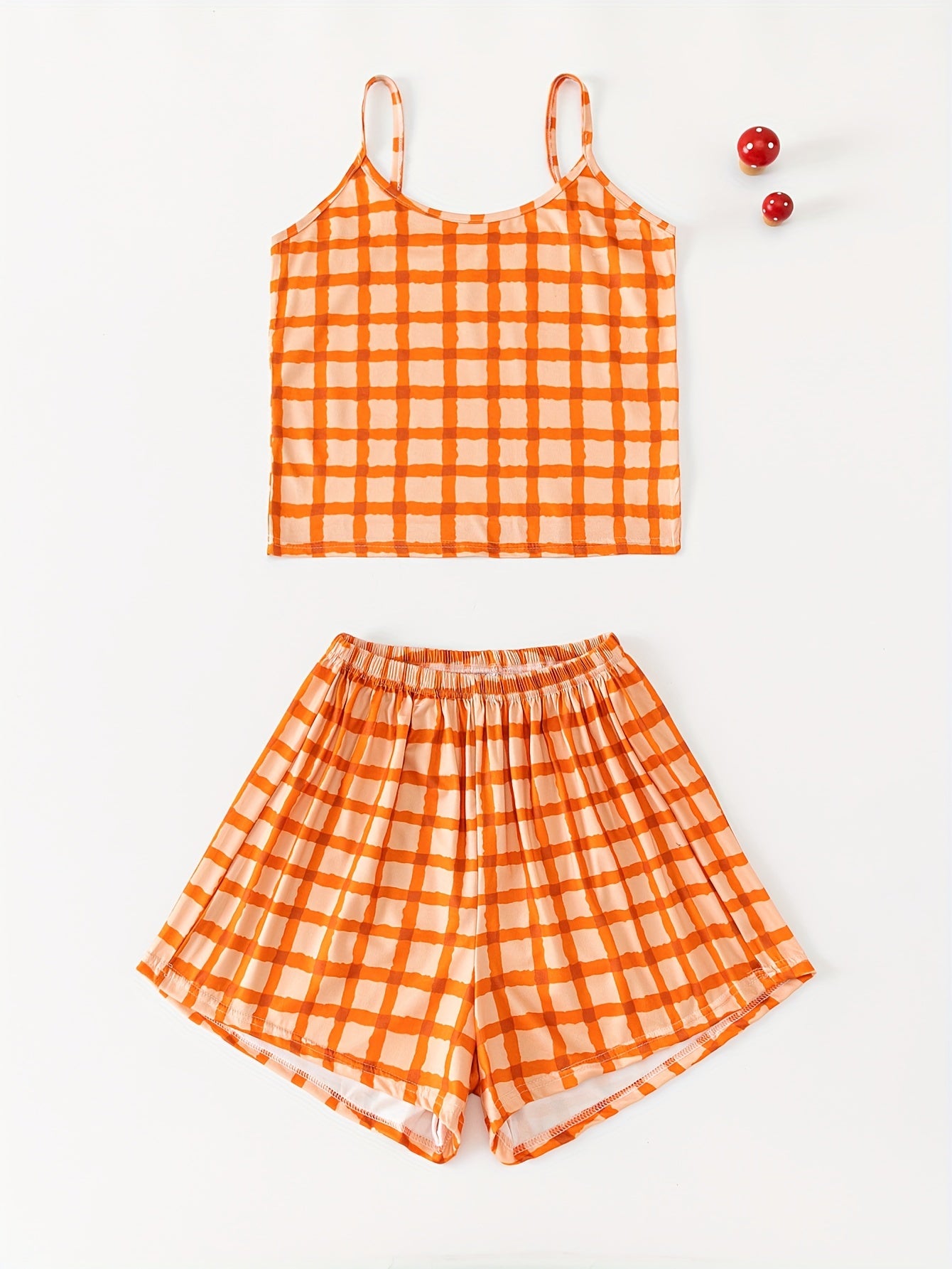 Plaid Print Pajama Set Crew Neck Cami Top & Elastic Waistband Shorts