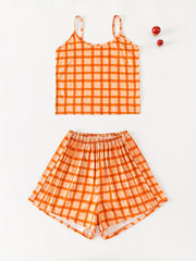 Plaid Print Pajama Set Crew Neck Cami Top & Elastic Waistband Shorts