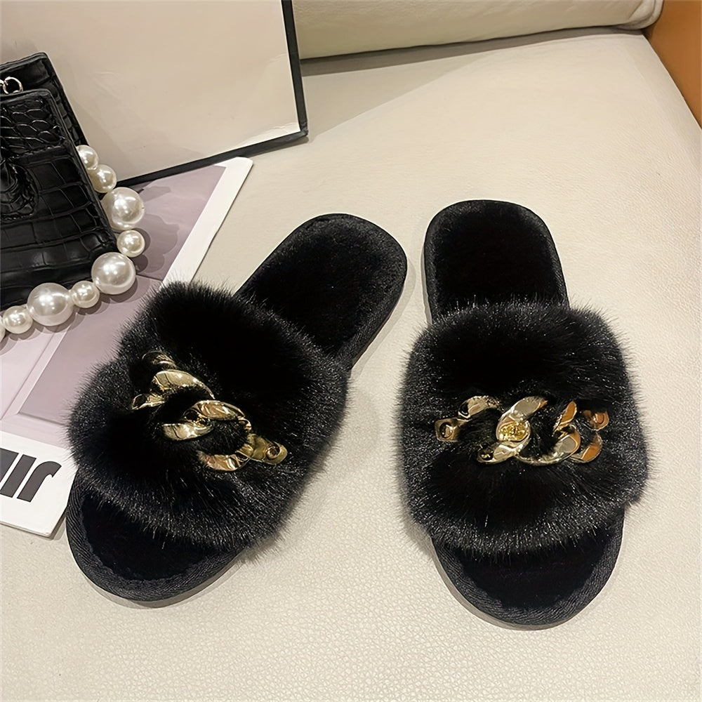 Women's Chain Decor Plush Slippers Faux Fur Indoor Warm Slip On