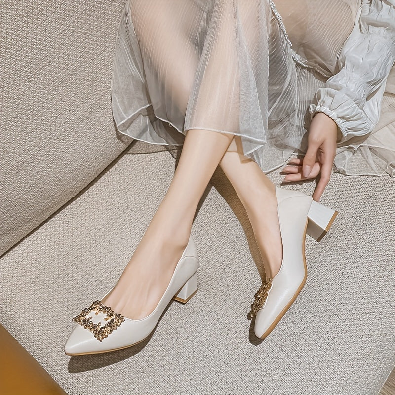 Women's Chunky Mid Heels Rhinestone Buckle Dress Shoes