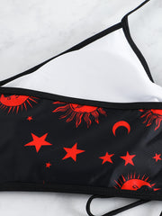  Gothic Bikini Set Sun & Moon Print Lace Up Halter Bra & Panty Swimsuit