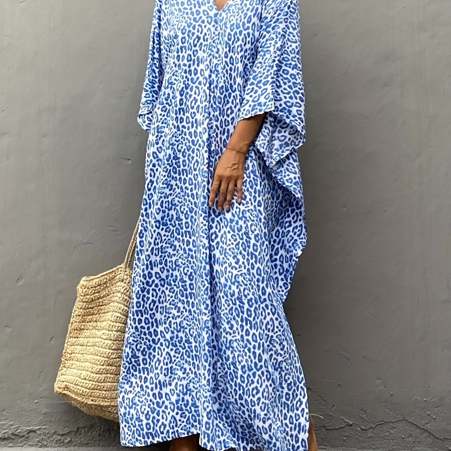  Leopard Print V Neck Maxi Beach Cover Up