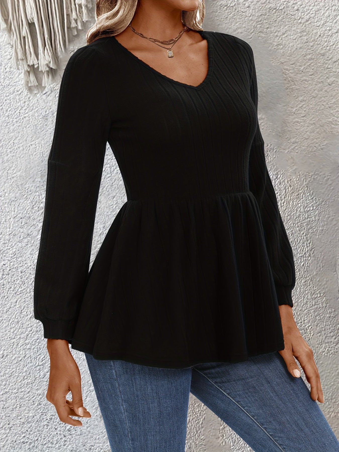  Solid Long Sleeve V Neck Knit Top Medium Stretch Sweater