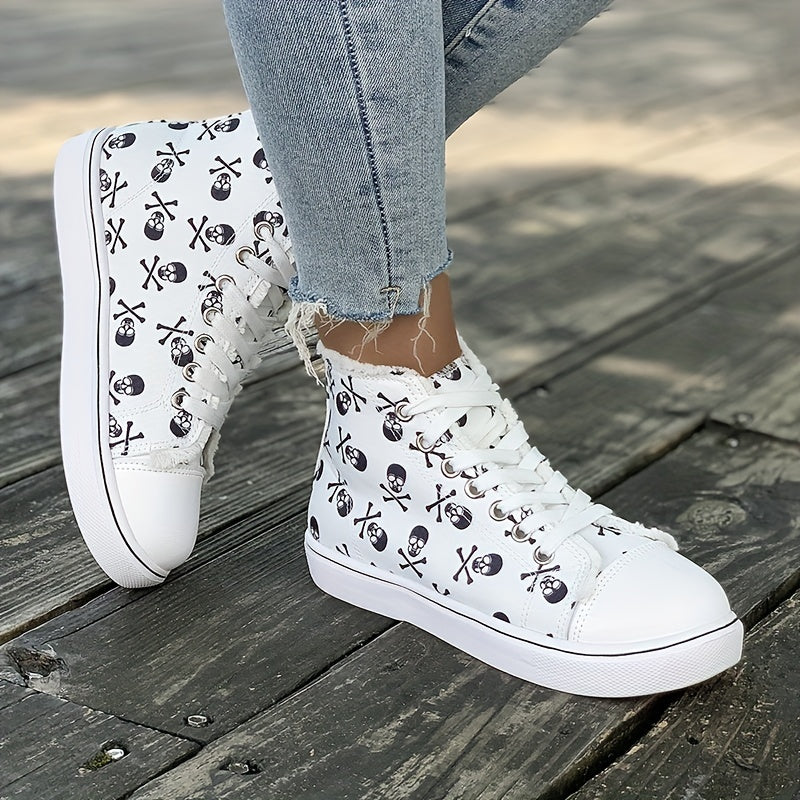 Skull Print High Top Sneakers Lace Up Casual Walking Shoes
