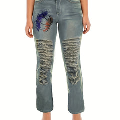  Retro Jeans Women's Plus Graphic Distressed Straight Leg Jeans