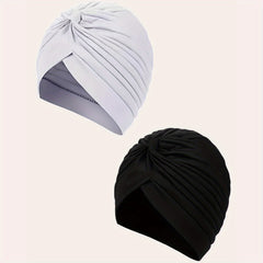 2pcs Turban Cap BowKnot Pleated Head Wraps Elastic Ramadan Head Scarf
