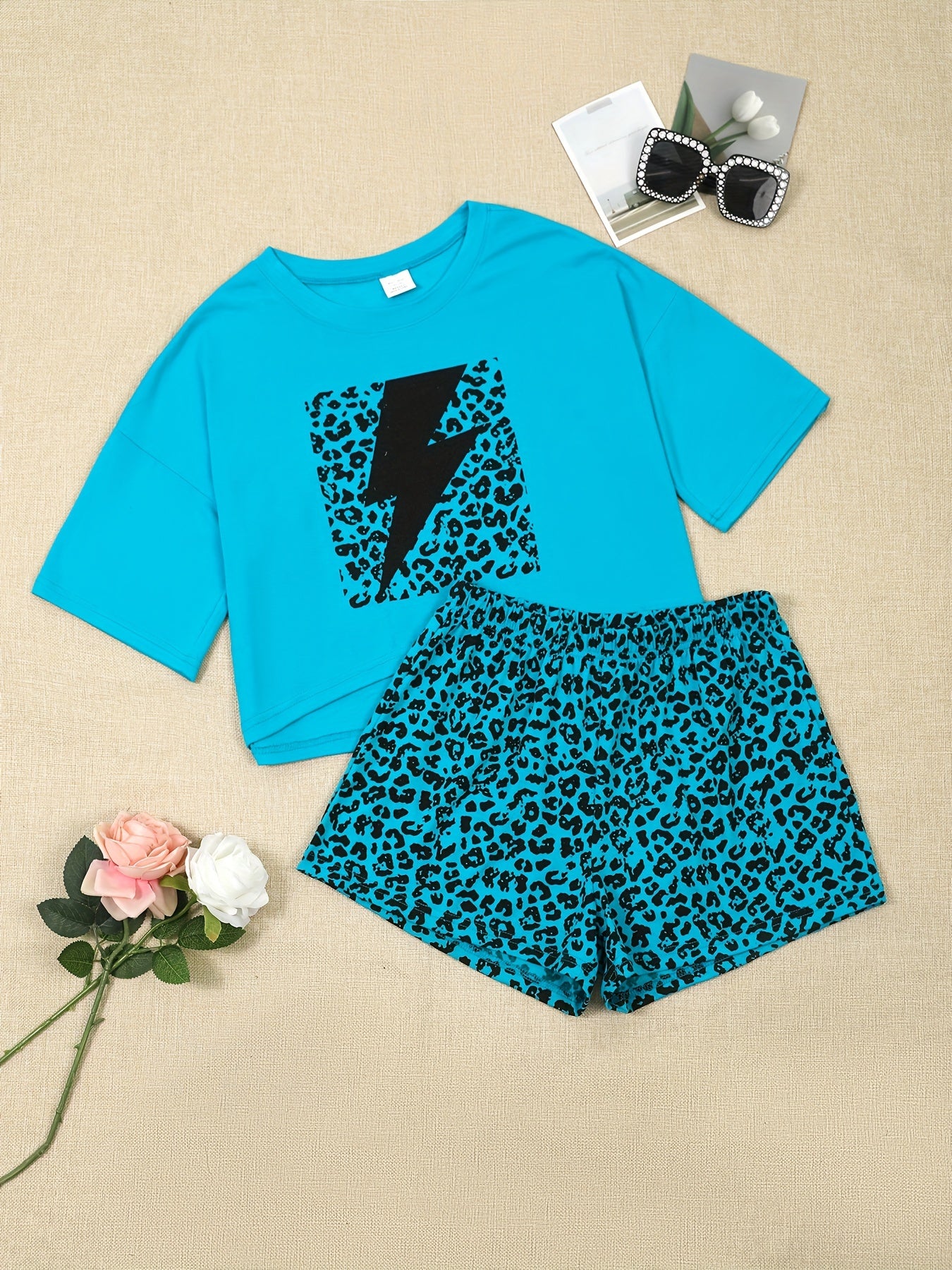  Leopard & Lightning Print Crop Top & Shorts Pajama Set