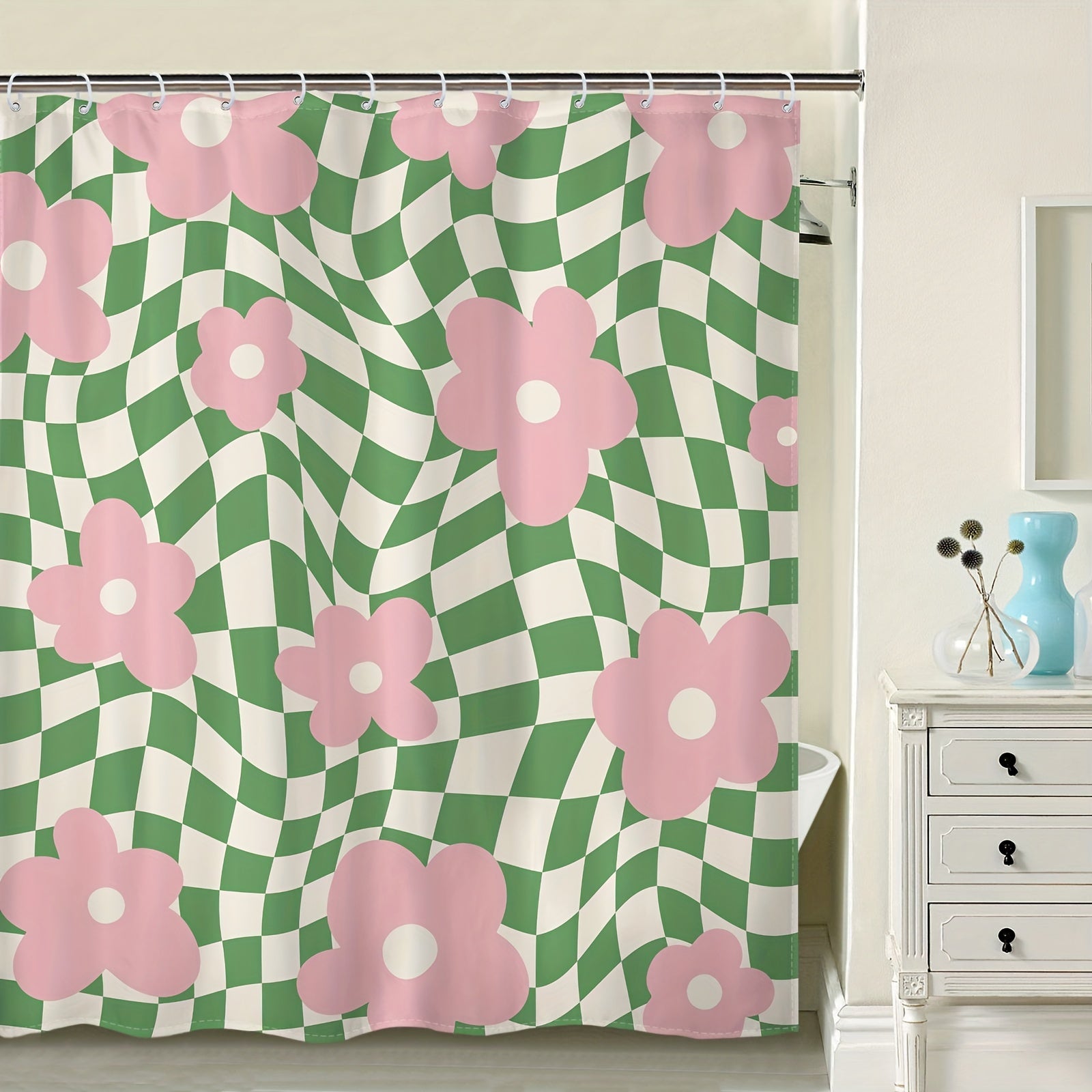 Flower Checkered Plaid Shower Curtain Waterproof Bathroom Decor Accessory
