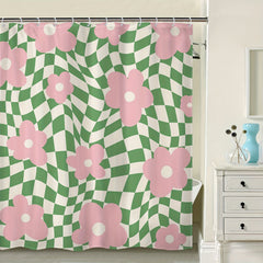 Flower Checkered Plaid Shower Curtain Waterproof Bathroom Decor Accessory