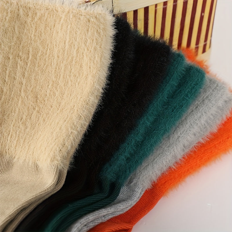 5 Pairs Fuzzy Solid Socks Warm Mid Tube Women's Stockings