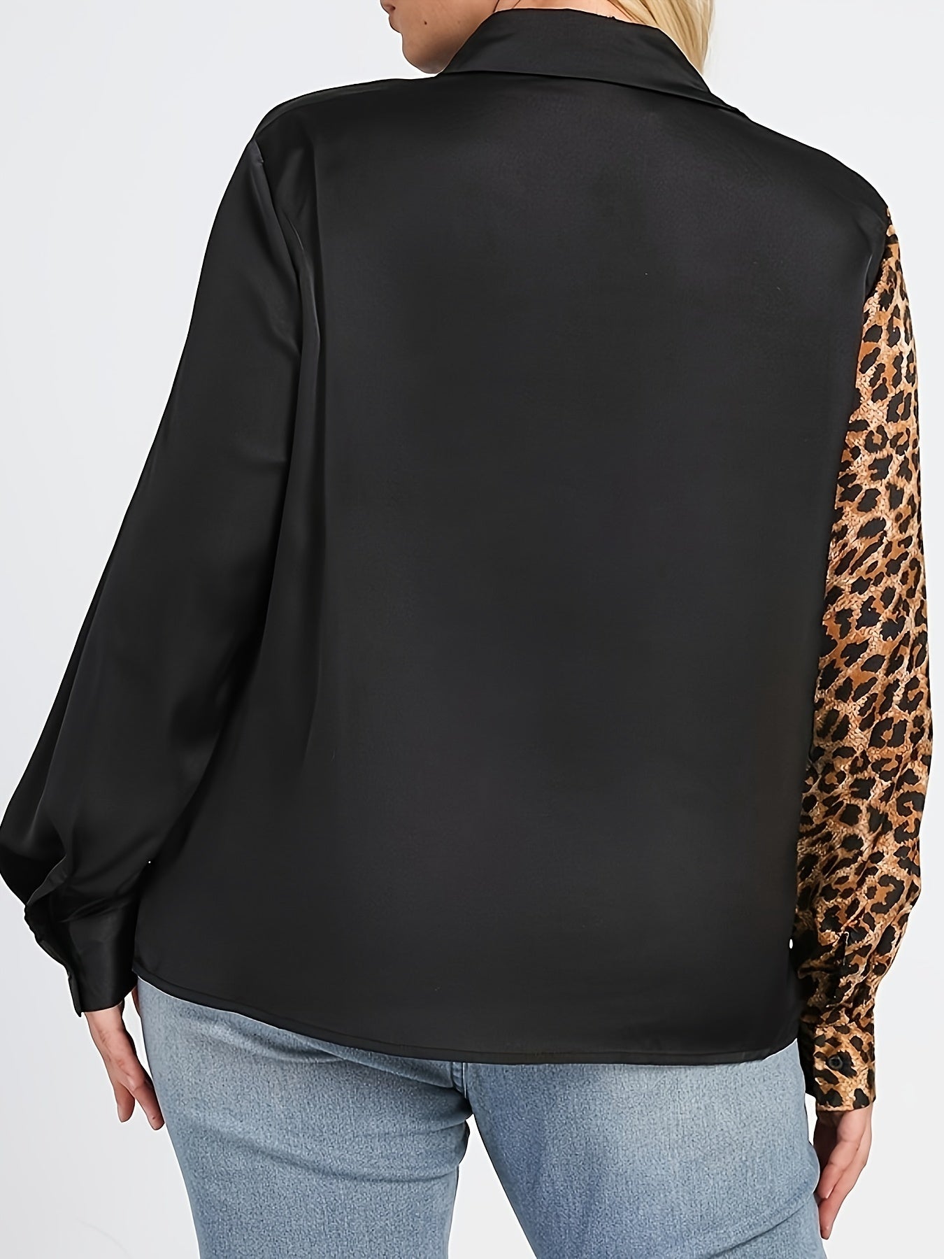  Colorblock Leopard Print Button Up Long Sleeve Blouse