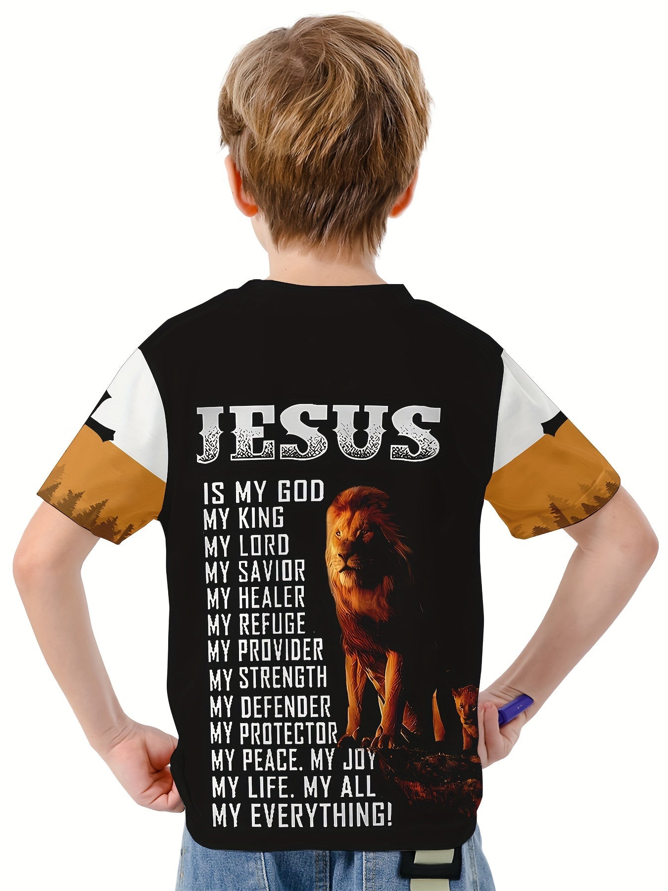 Lion Cross 3D Print Boys T-shirt Summer Lightweight Round Neck Top
