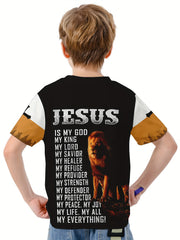 Lion Cross 3D Print Boys T-shirt Summer Lightweight Round Neck Top