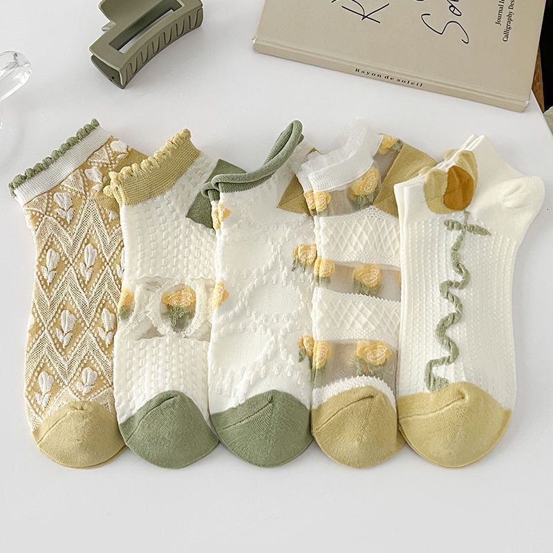 5 Pairs Floral Print Socks & Lightweight Low Cut Ankle Socks Women's Stockings