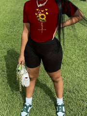 Women's Plus Sunflower & Letter Print Tee & Shorts Set
