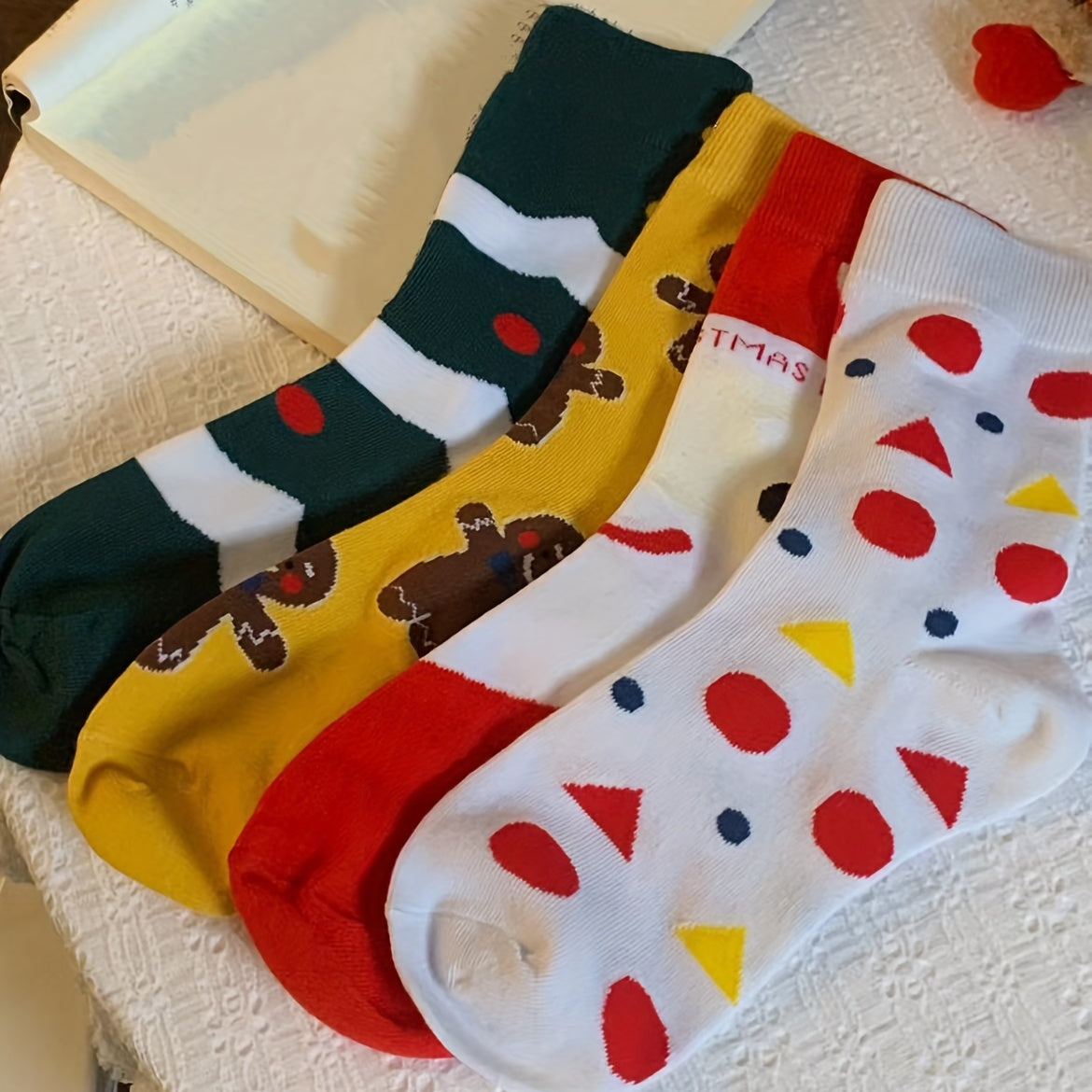 4 Pairs Geometric Pattern Socks Comfy & Breathable Women's Mid Tube Stockings