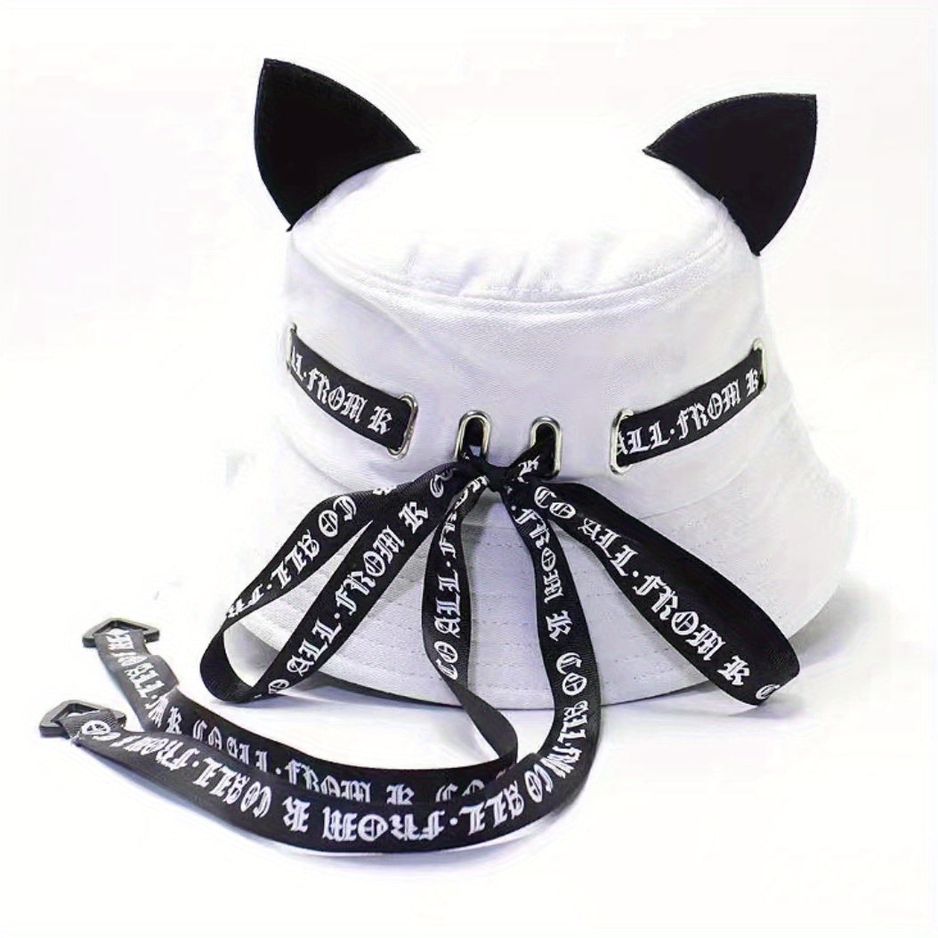 Gothic Cat Ear Bucket Hat Foldable Basin Hats Adjustable Sunscreen Fisherman Cap