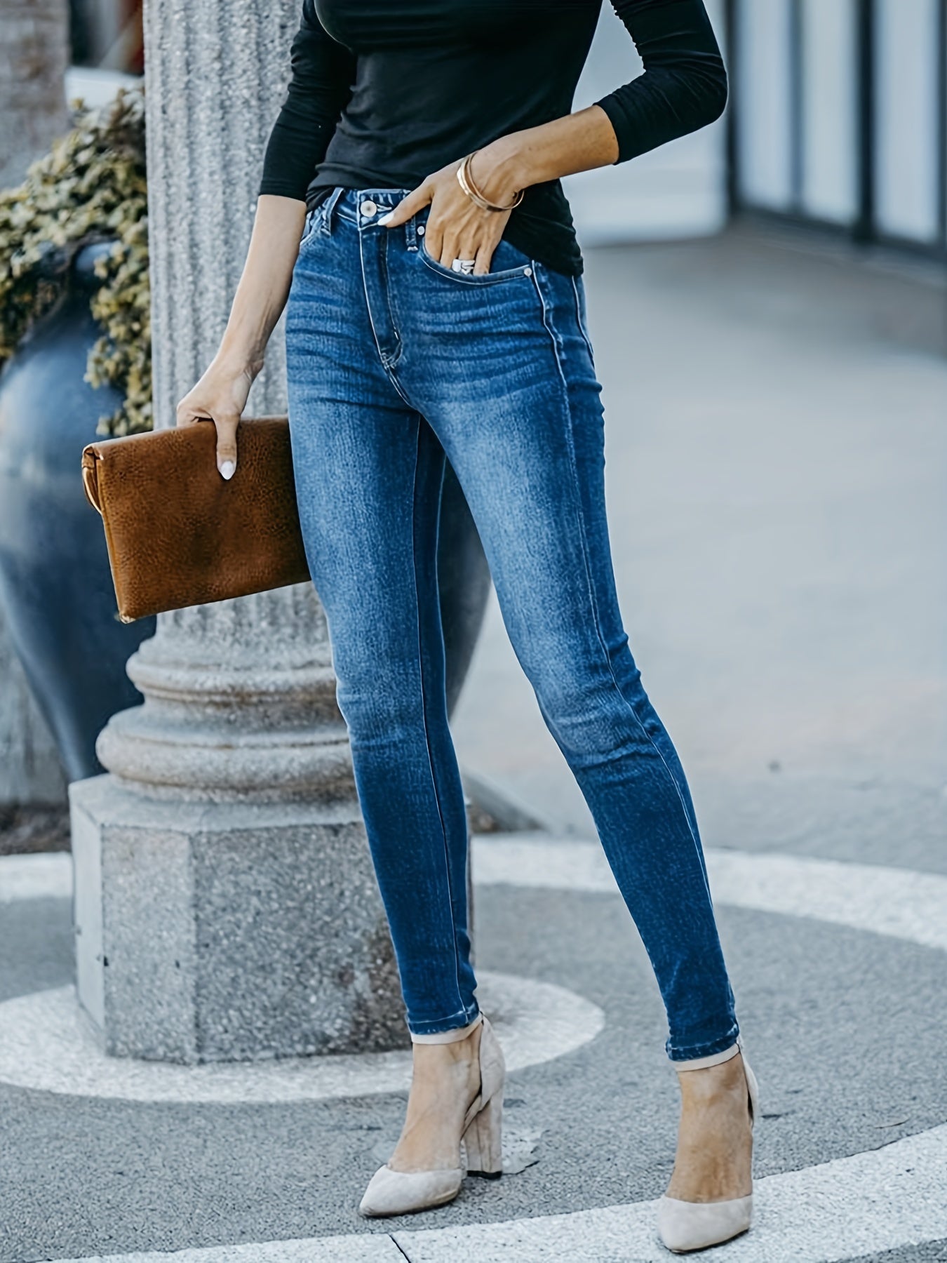 Stretchy Skinny Jeans Slim Fit Mid Rise Washed Denim Pants