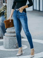 Stretchy Skinny Jeans Slim Fit Mid Rise Washed Denim Pants