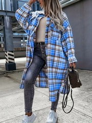  Plaid Print Button Up Long Sleeve Shacket