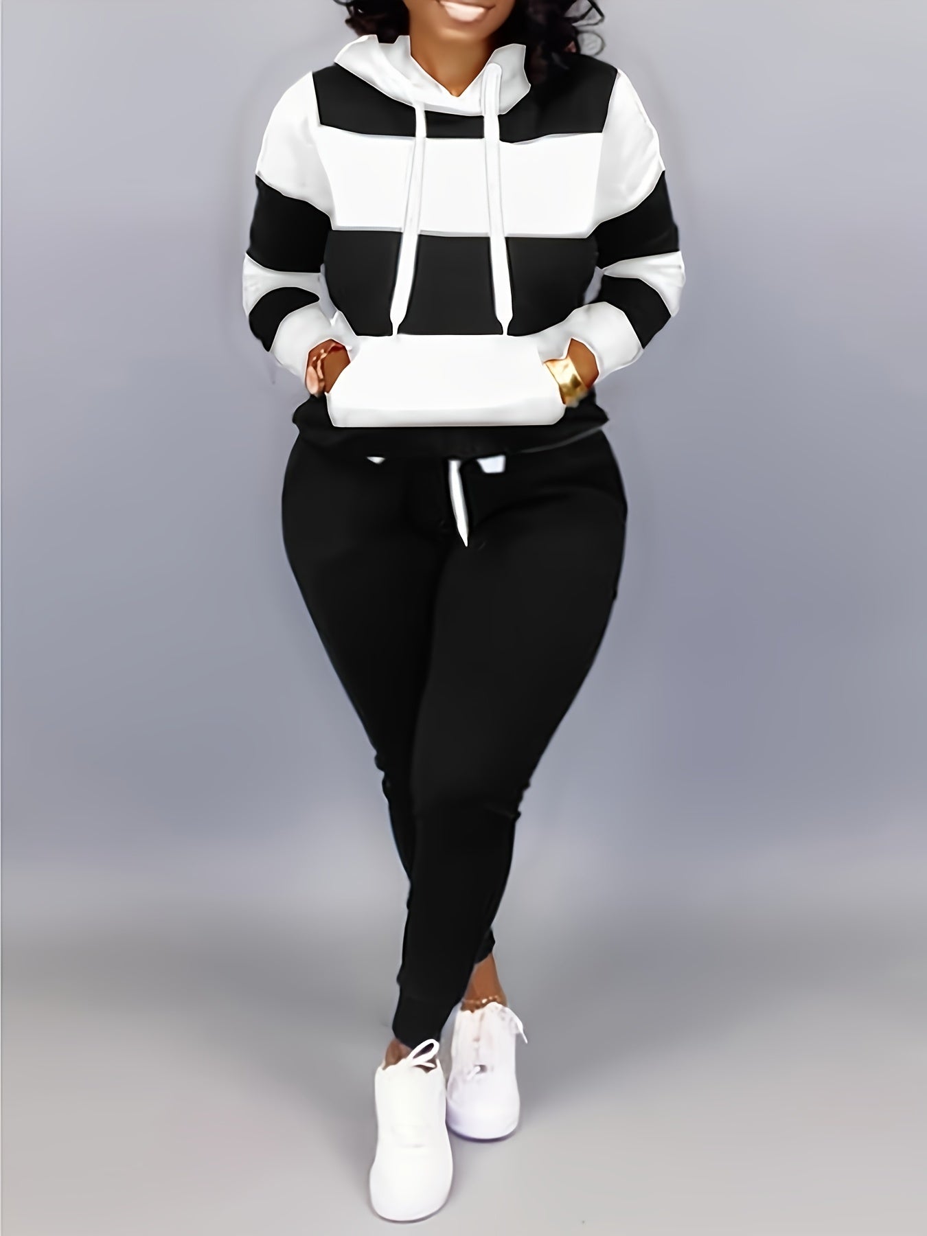 Women's Plus Colorblock Stripe Print Hoodie & Joggers Set