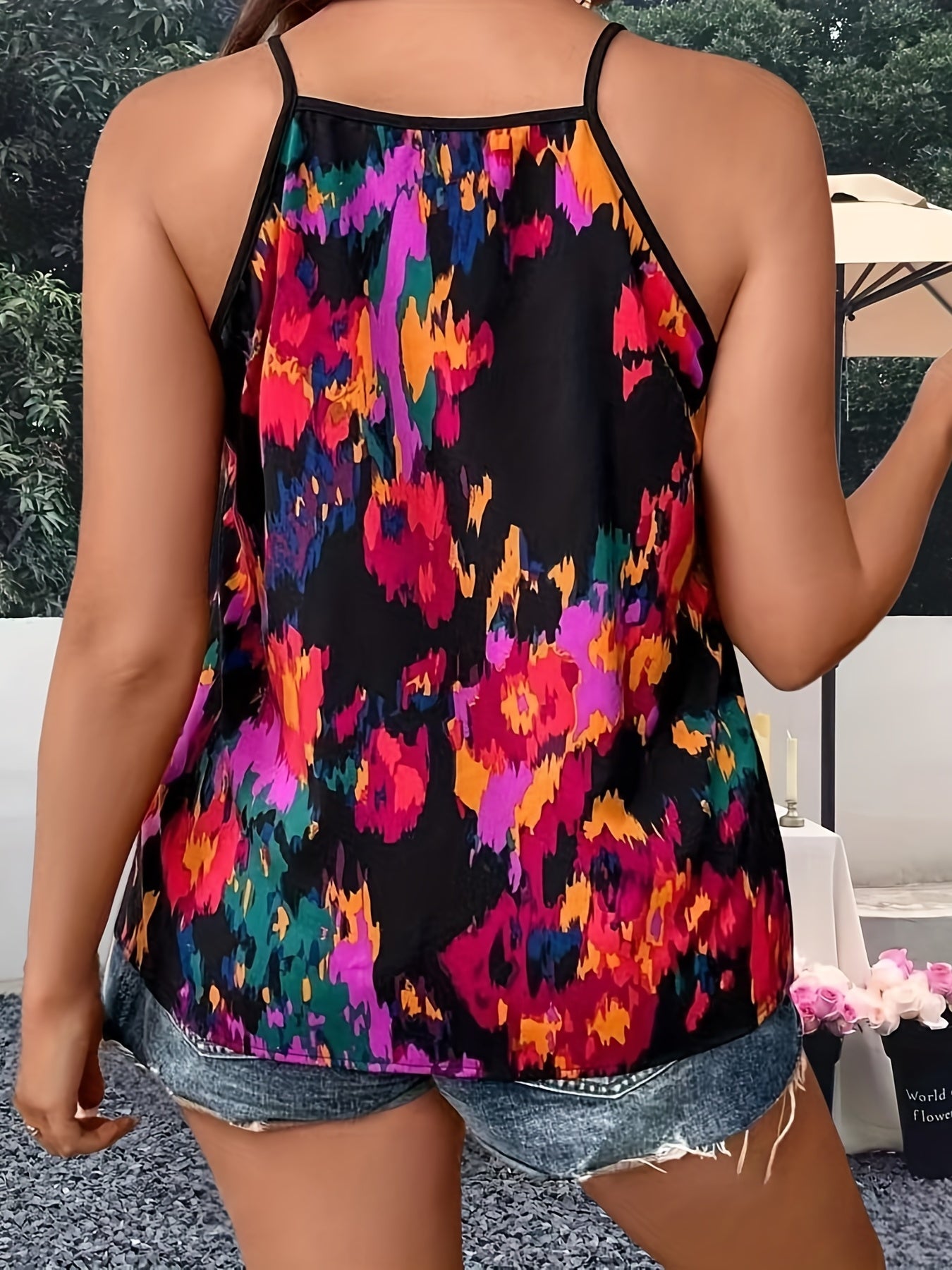  Colorblock Print V Neck Cami Top