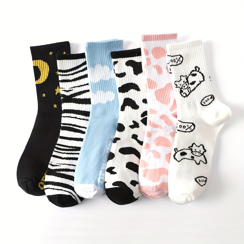 6 Pairs Cow Spot Print Socks Women's Crew Stockings Hosiery