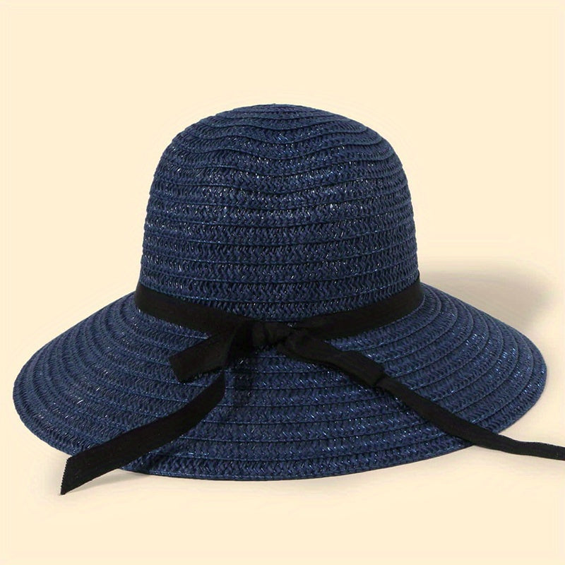 Wide Brim Straw Sun Hat with Ribbon Bowknot Decoration