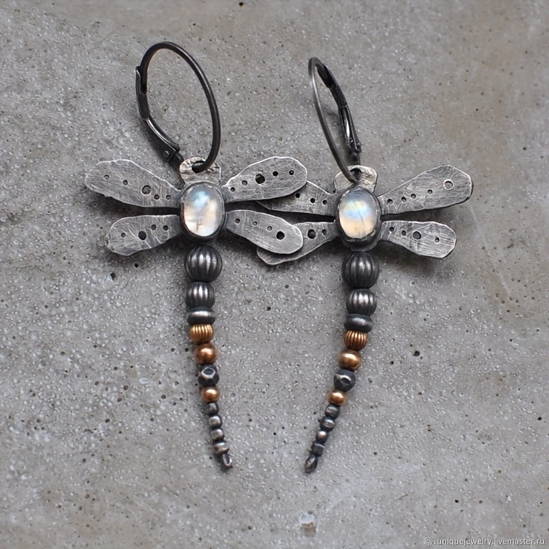Vintage Moonstone Dragonfly Earrings 925 Silver Plated