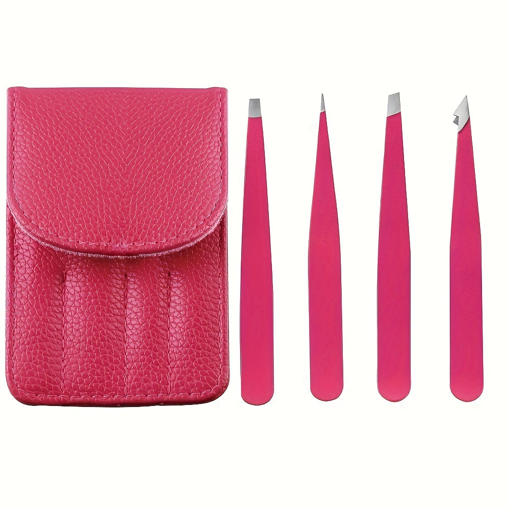 4pcs Stainless Steel Tweezers Set with Travel Case for Hair Removal