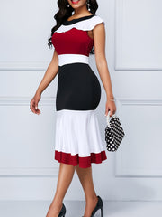  Colorblock Cap Sleeve Midi Dress