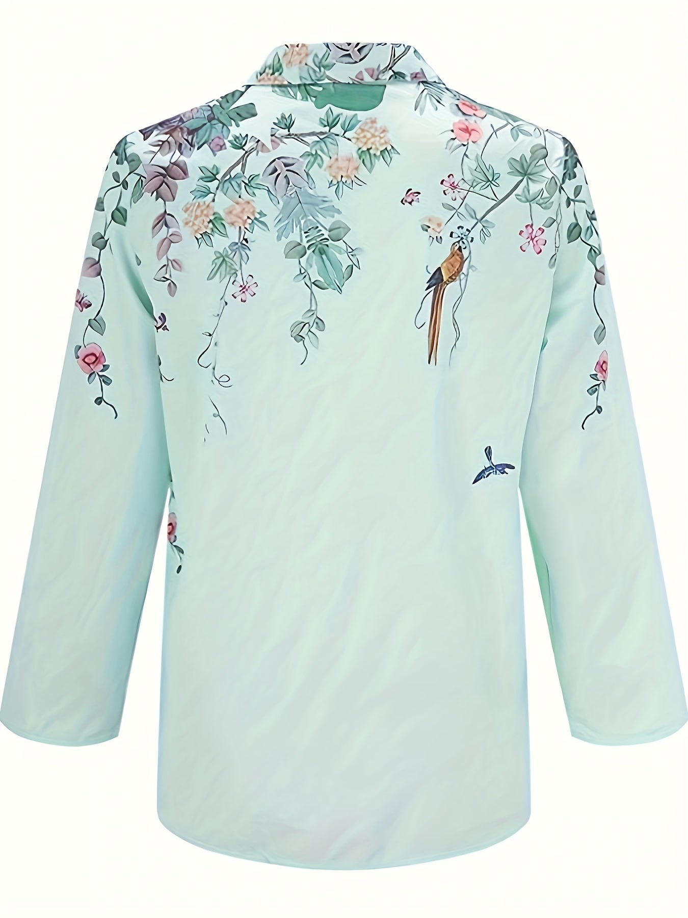  Floral Bird Print Long Sleeve Blouse