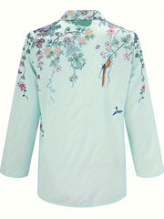  Floral Bird Print Long Sleeve Blouse