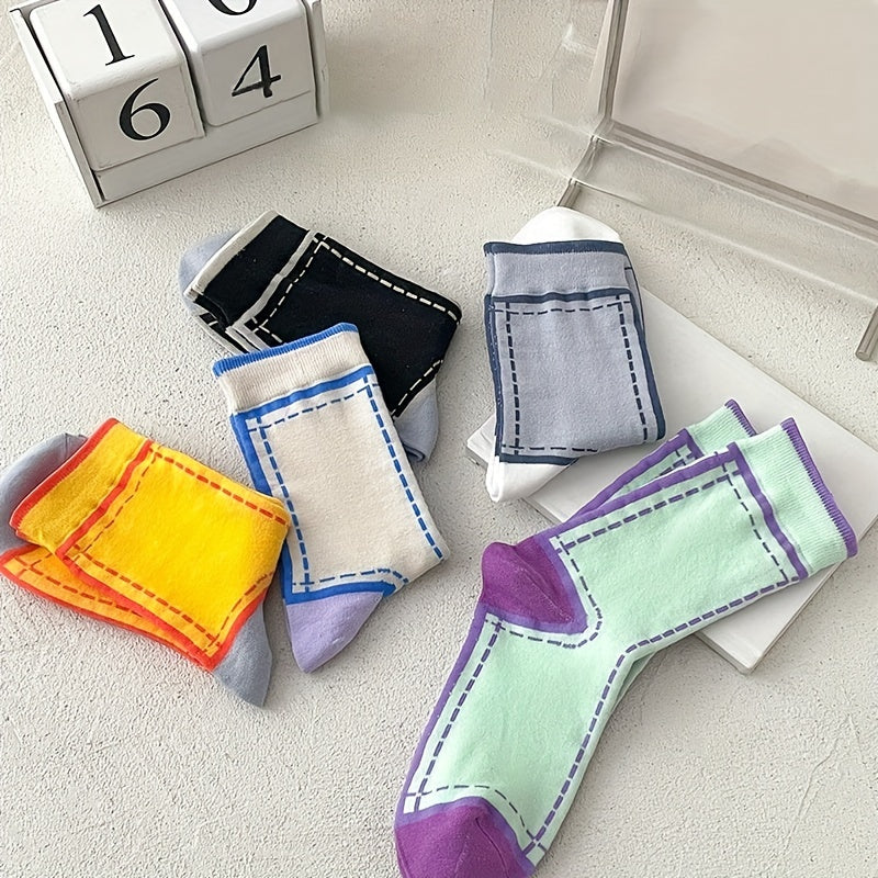 5 Pairs Colorblock Crew Socks Women's Stockings
