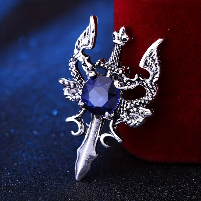 Men's Retro Shuanglong Sword Brooch Domineering Gem Crystal Suit Corsage