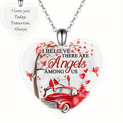 Red Bird & Car Love Heart Crystal Pendant Necklace for Women