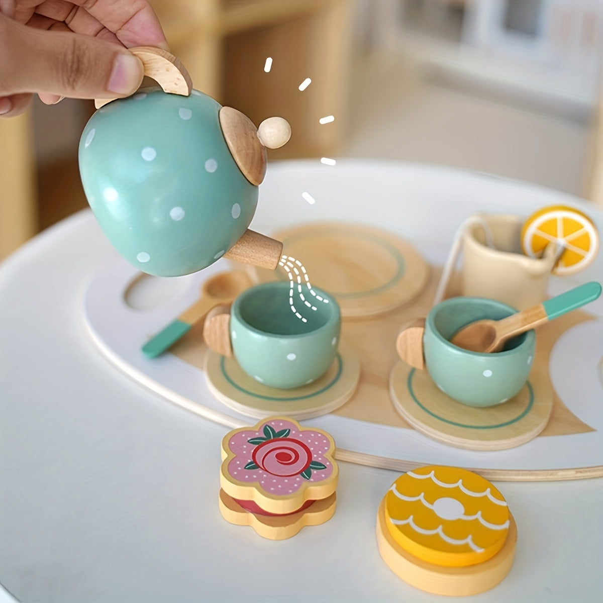 14Pcs Wooden Tea Party Set for Kids Pretend Play Kitchen Accessories