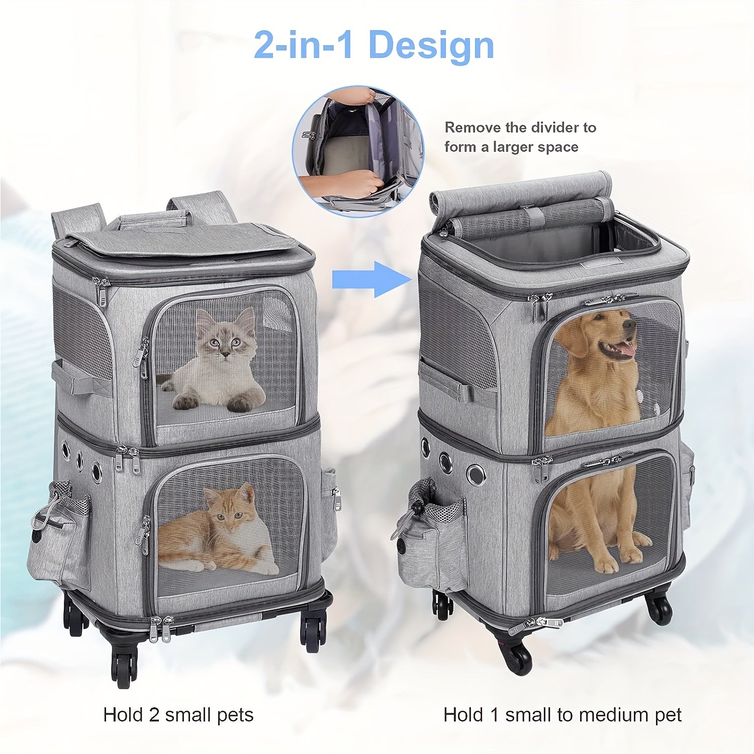 Rolling Pet Carrier Backpack for 2 Cats - Travel with Ease