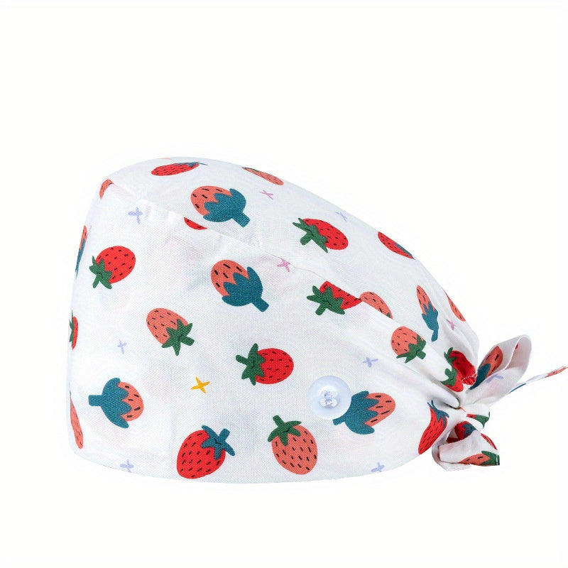 Cartoon Print Cotton Nurse Scrub Cap with Elastic and Button