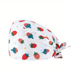Cartoon Print Cotton Nurse Scrub Cap with Elastic and Button