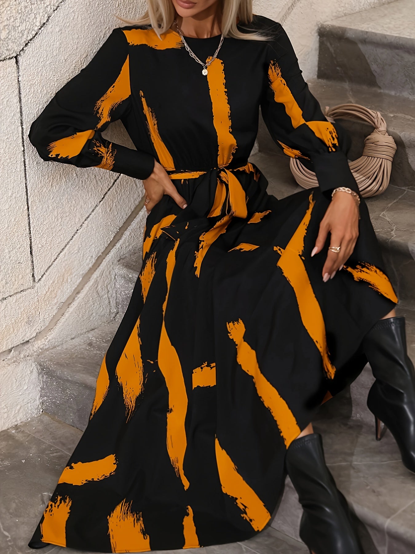  Brush Print Lantern Sleeve Maxi Dress With Belt