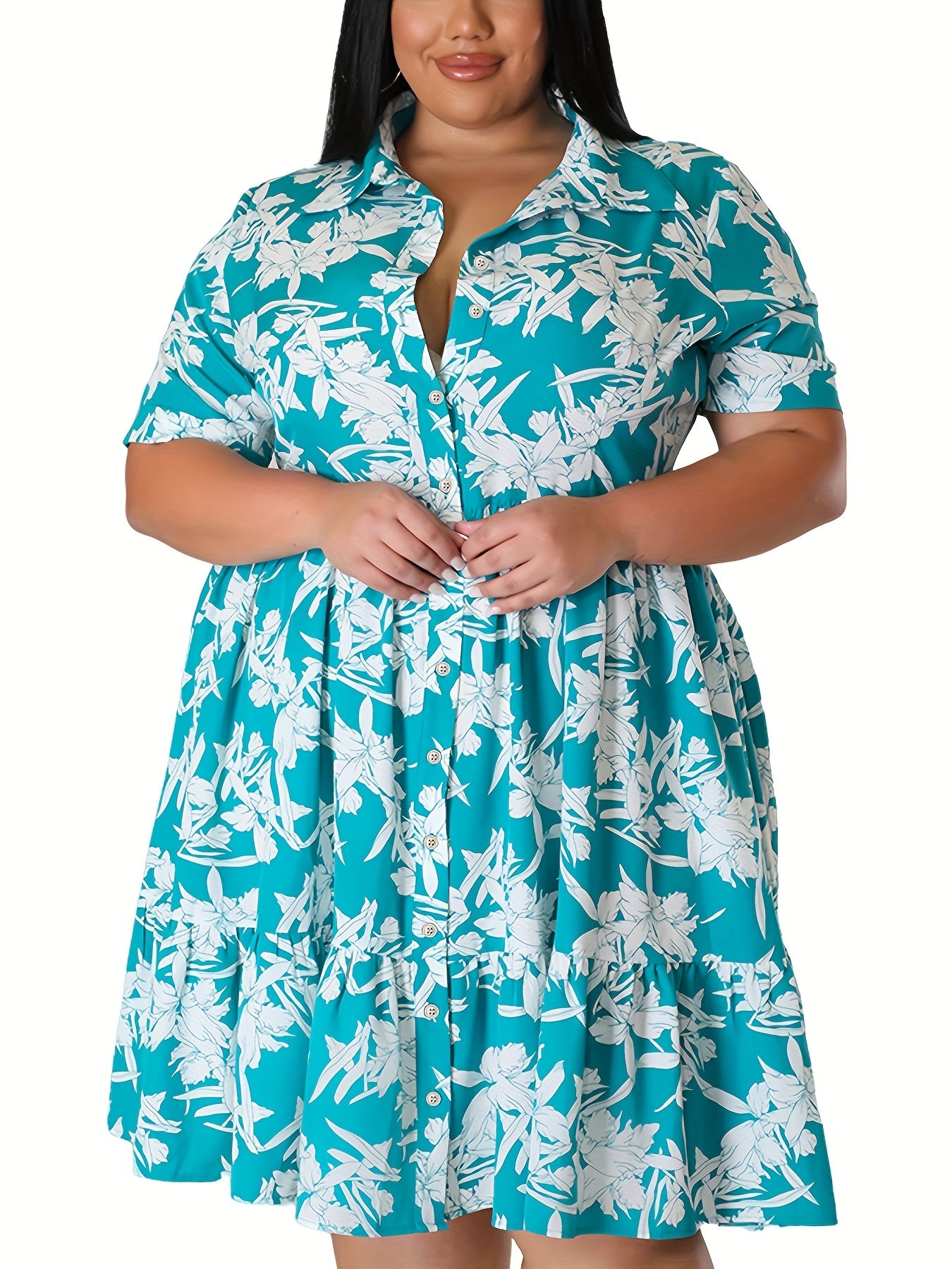  Floral Print Short Sleeve Polo Neck Shirt Dress