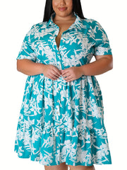 Floral Print Short Sleeve Polo Neck Shirt Dress
