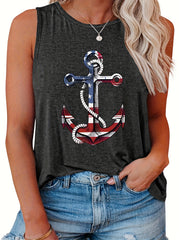  Casual Tank Top Women's Flag Anchor Print Round Neck Tank Top