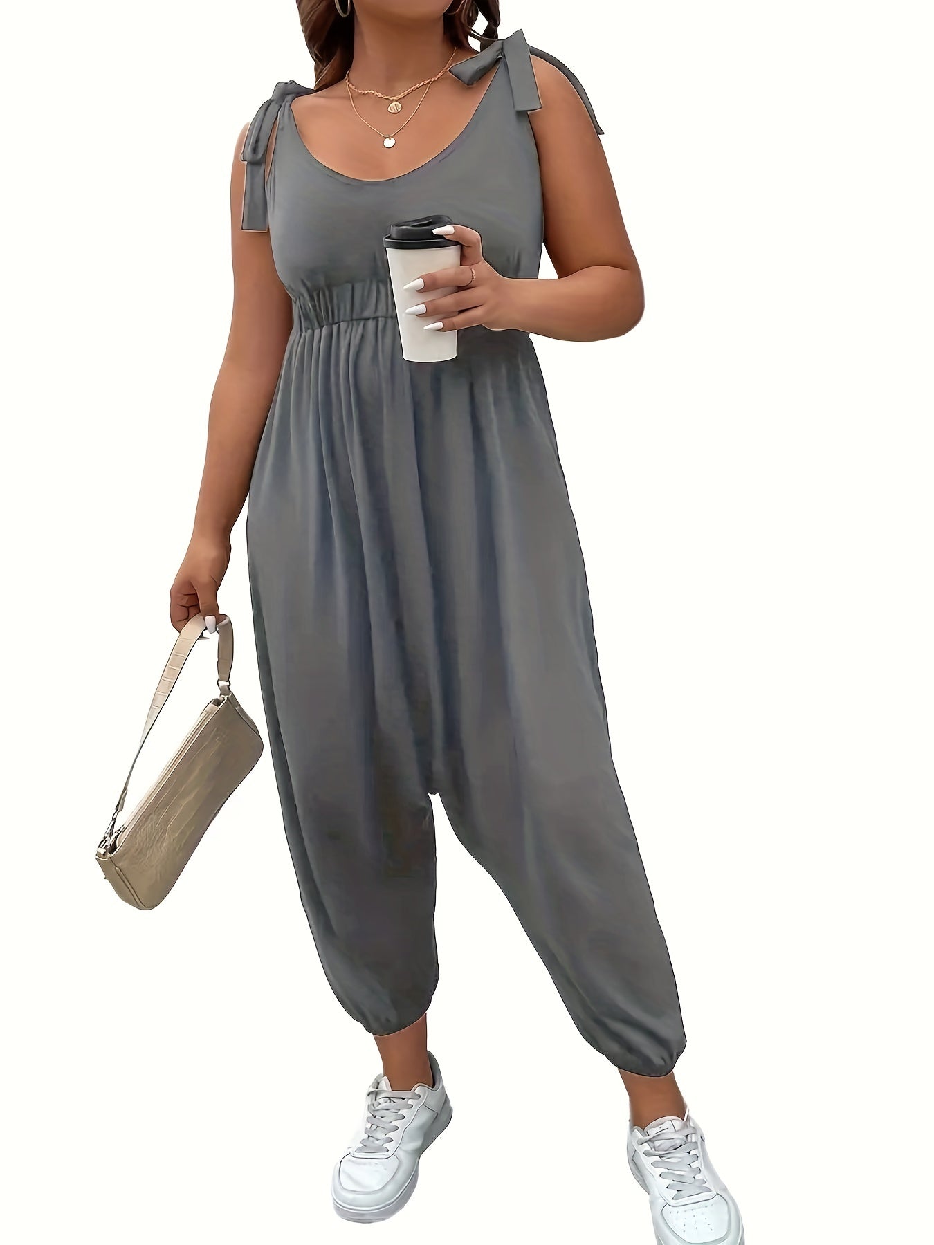  Casual Tank Jumpsuit Women's Plus Plain Tie Shoulder