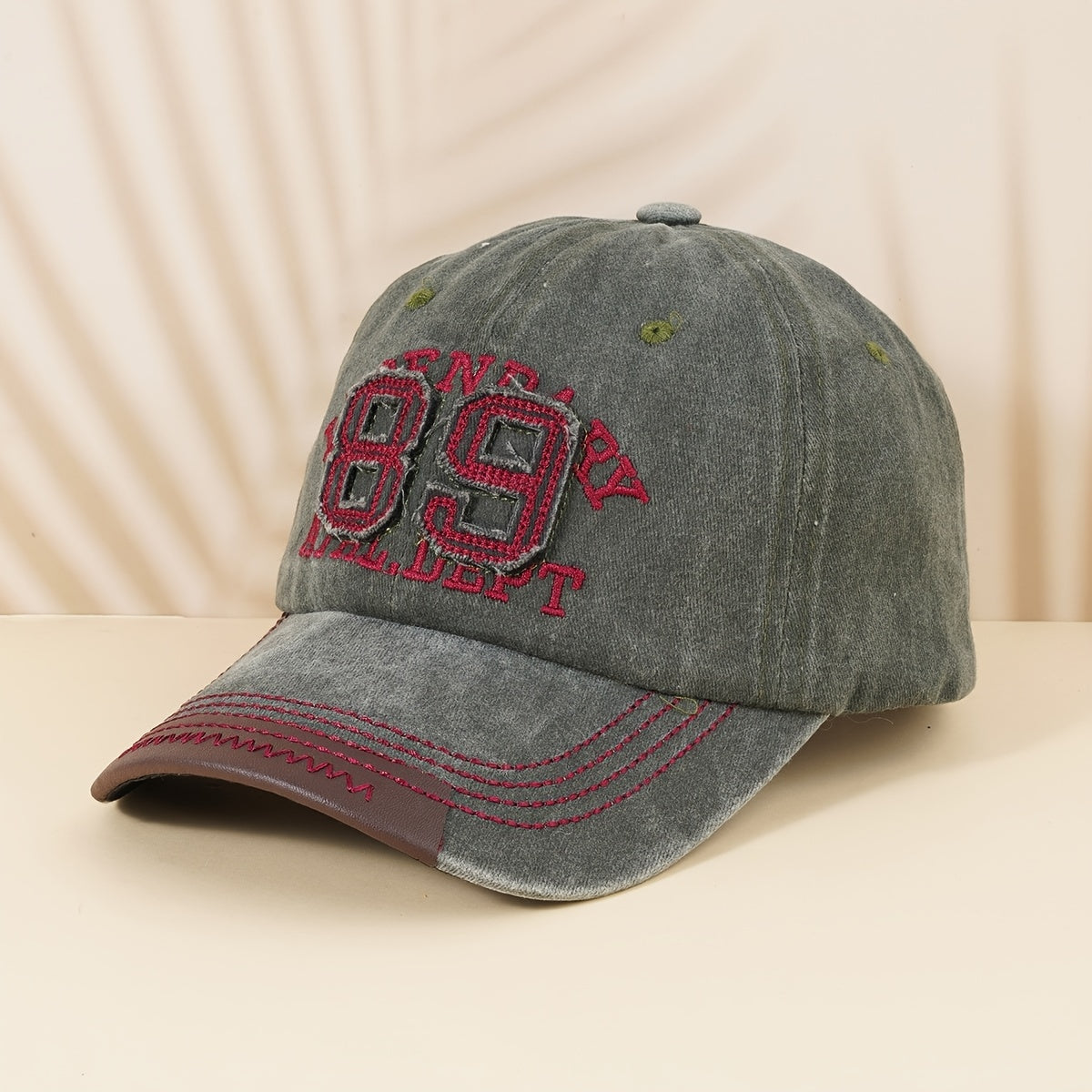 Distressed Baseball Cap with Leather Patch Embroidery