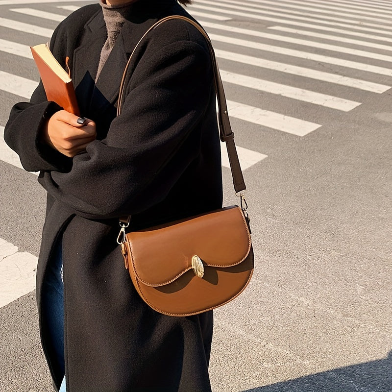 Vintage Saddle Bag Solid Buckle Flap Purse Faux Leather Crossbody