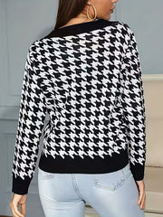  Casual Houndstooth Print V Neck Sweater