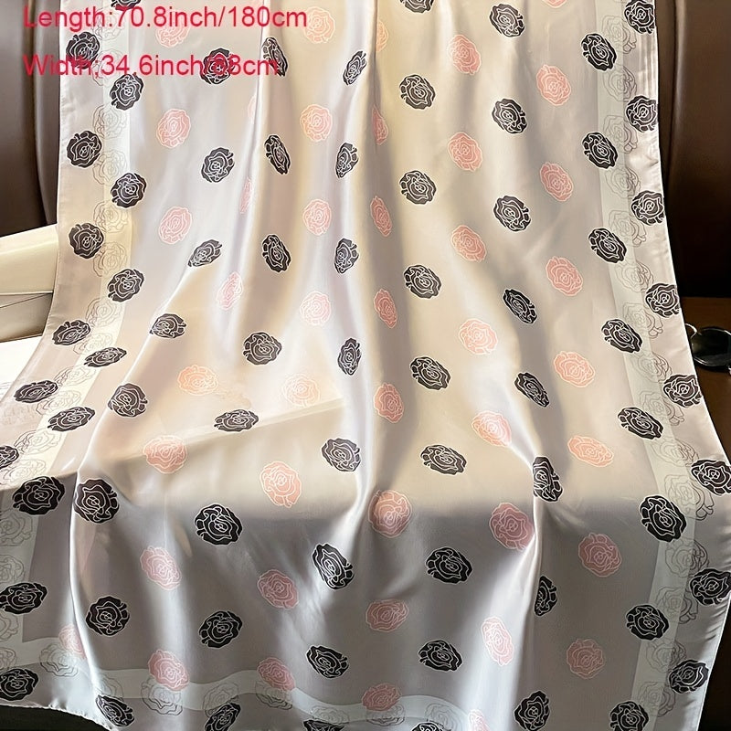 Camellia Print Thin Scarf Satin Shawl Classic Silk Head Wrap Sunscreen Travel
